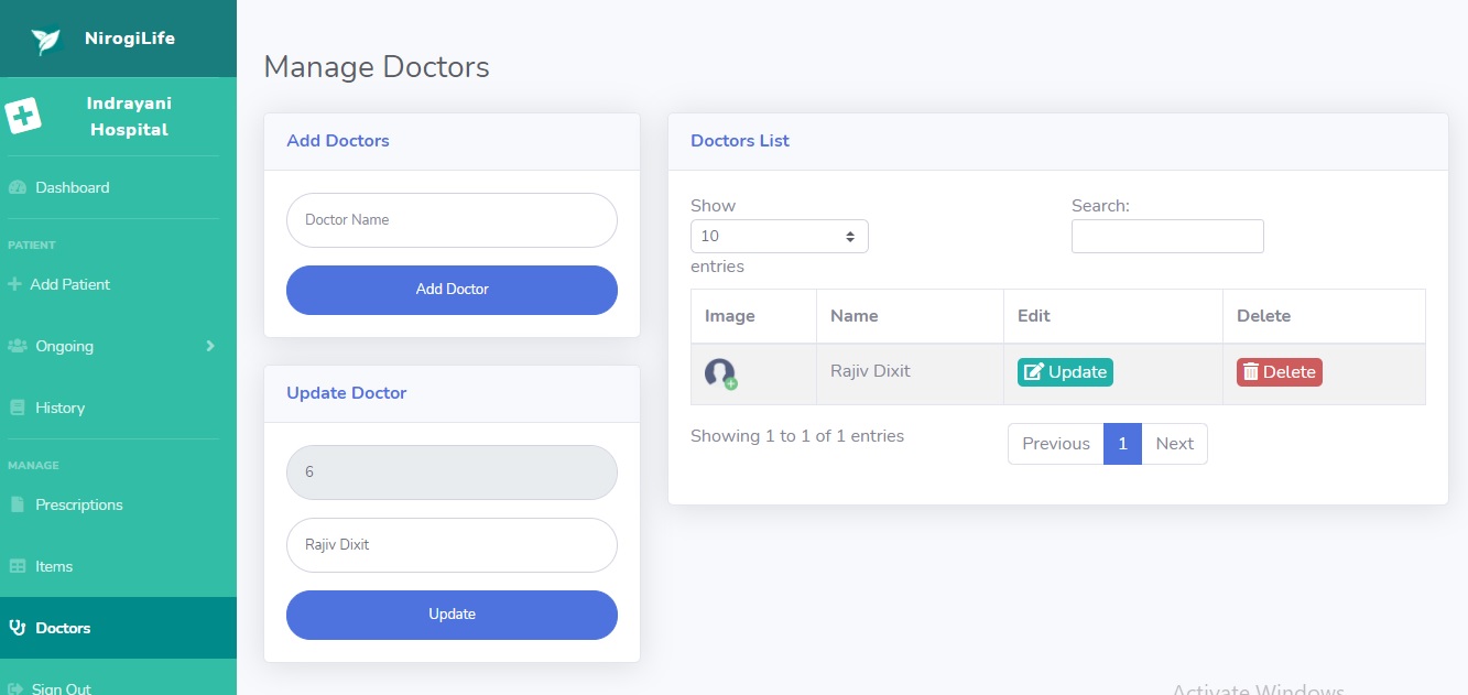 Manage list of doctors available in clinic. It allows to add doctor, update existing doctor details, delete doctor details.